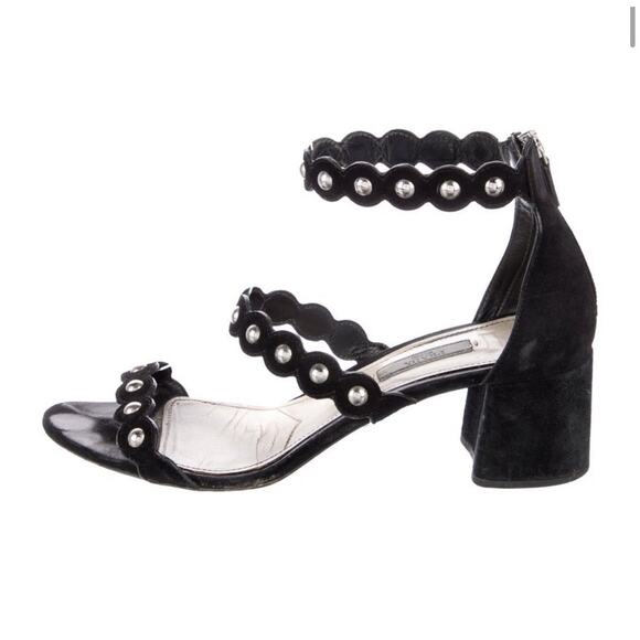 Authentic PRADA Block Heel Pewter Studded Suede Sandal Rear Zip Sandal Sz 40.5 - Picture 3 of 6